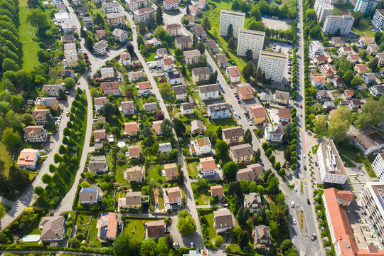 Aerial view of a residential district mixing single family homes and apartment buildings in Fribourg in Switzerland