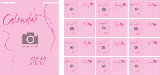 Calendar 2019, desktop calendar template design with a place for a photo and a company logo. Set 12 months.
