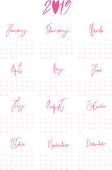 Calendar design for 2019. Simple background, pink design. The week starts on Monday. Set of 12 months.