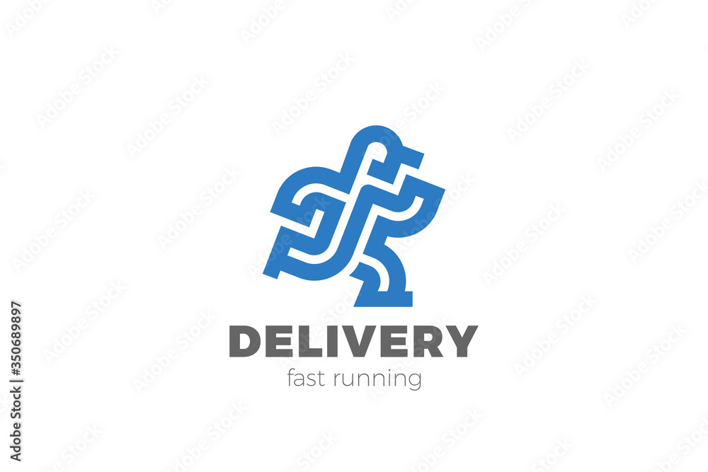 Poster delivery man running logo design vector template linear outline style.