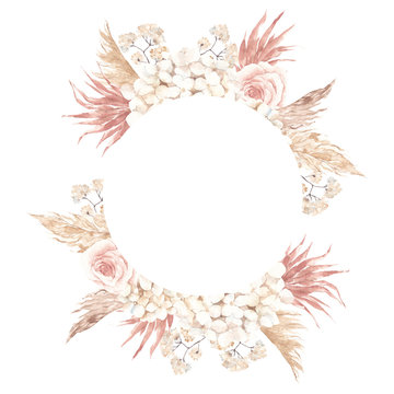 Frame with watercolor hand draw creamy flowers and leaves, soft pink rose, pampas grass, gipsofila and branches, isolated on white background