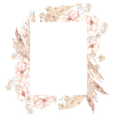 Frame with watercolor hand draw creamy flowers and leaves, soft pink rose, pampas grass, gipsofila and branches, isolated on white background