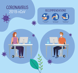 campaign of recommendations of 2019 ncov at office with business couple and icons vector illustration design