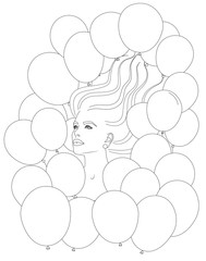 Young woman portrait blown away with many balloons coloring page stress free for adults and kids