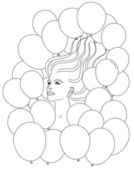 Young woman portrait blown away with many balloons coloring page stress free for adults and kids