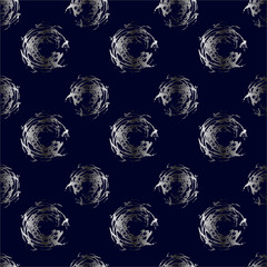 Seamless silver shiny round, abstract, unusual, pattern in blue background with vector illustration fabric.