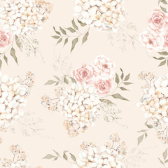 Seamless pattern with creamy flowers and leaves, dried bouquets, isolated on colored background - 350691800
