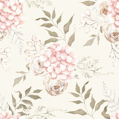 Seamless pattern with creamy flowers and leaves, dried bouquets, isolated on colored background