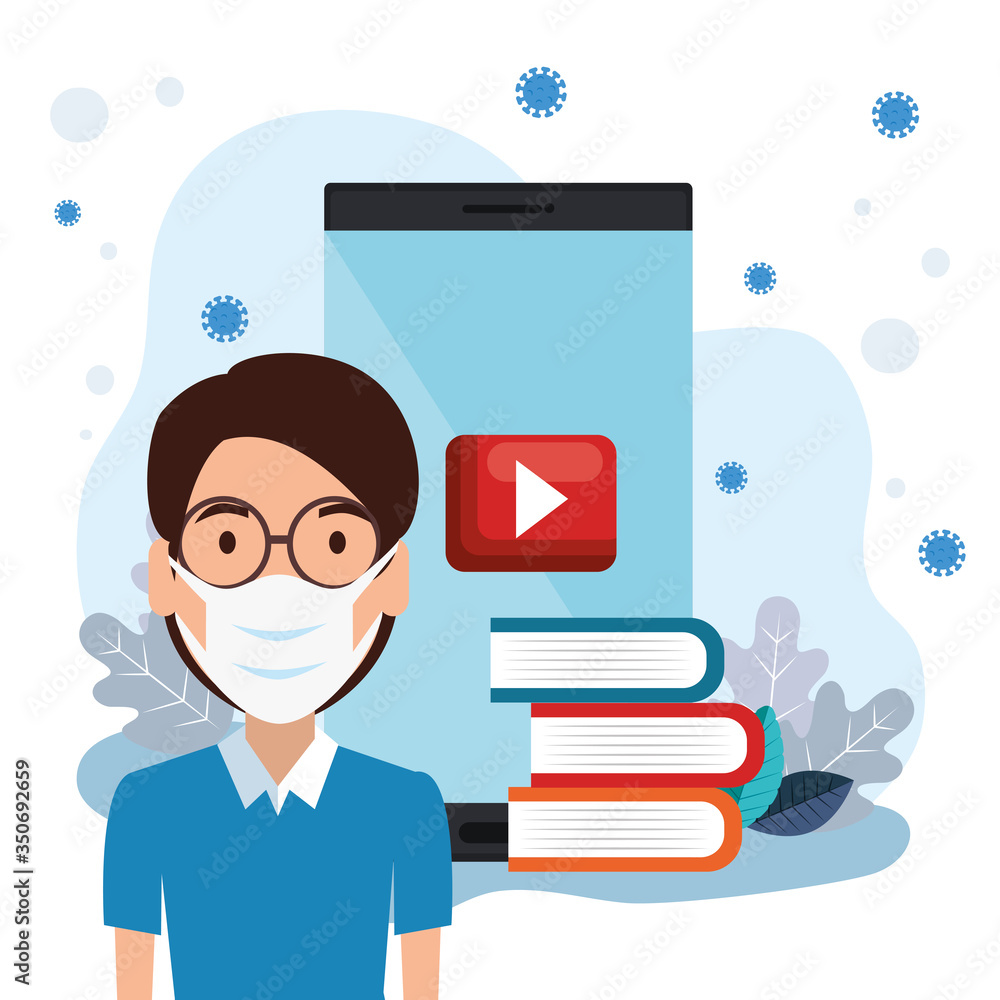 Poster man using face mask studying online with smartphone vector illustration design