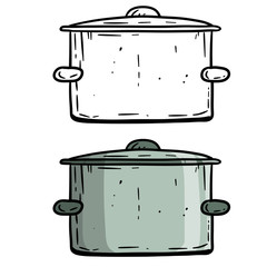 Cartoon Pan. Grey steel cookware. Drawn vector illustration. Big utensil with lid for boiling water. Kitchen element and soup preparation