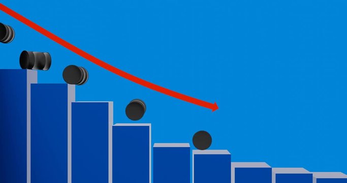 3d render with oil barrels rolling down the histogram
