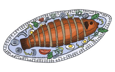 fried fish stuffed on a plate. doodle sketch