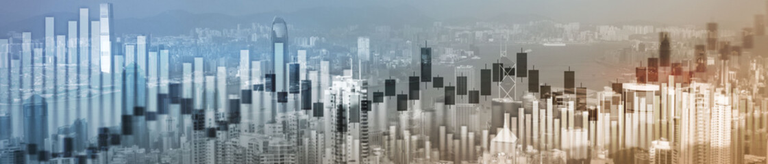Website header and banner of Hong Kong cityscape with skyscarapers. Trading and stock markets.
