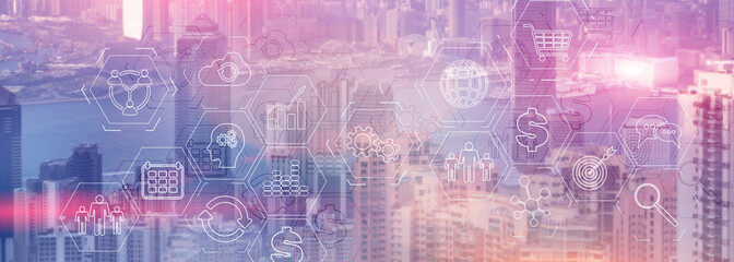 Multi-colored image. Modern City skyline Business finance success website header. - obrazy, fototapety, plakaty