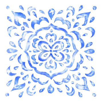Hand drawn watercolor ornament, isolated on white background. Blue majolica vintage illustration.