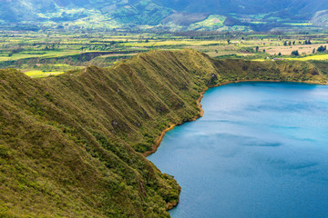 Obraz premium Landscape along the hike around the Cuicocha volcanic crater Lake near Otavalo and Quito, Ecuador.