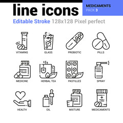 Medicaments line icons set - Editable Stroke, Pixel perfect thin line vector icons for web design and website application.