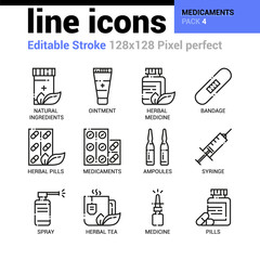 Medicaments line icons set - Editable Stroke, Pixel perfect thin line vector icons for web design and website application.