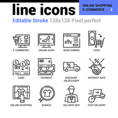 Online shopping and e-commerce line icons - Editable Stroke, Pixel perfect thin line vector icons for web design and website application.