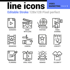 Video Marketing line icons - Editable Stroke, Pixel perfect thin line vector icons for web design and website application. Suitable for print, symbols, apps, infographics.