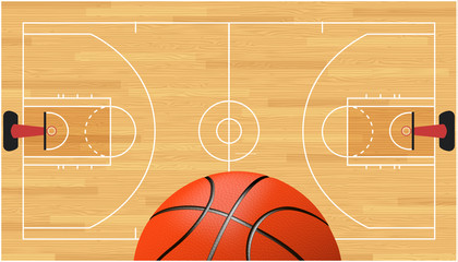 A realistic vector hardwood textured basketball court with basketball. EPS 10.