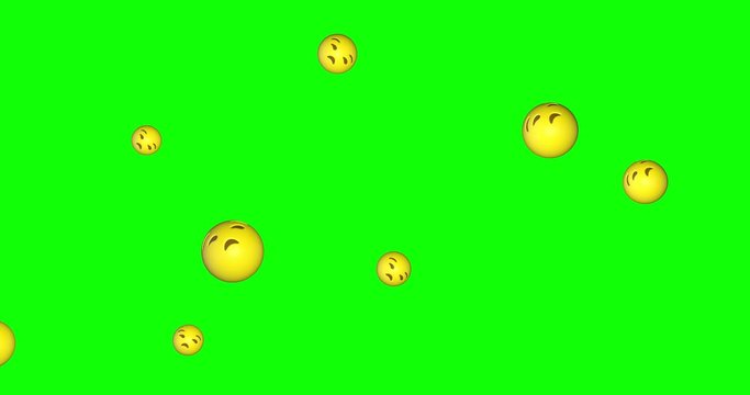 Rain of emojis disappointed falling on green screen background. Frustrated emoticons flying in chroma key. Sad face expresion. Social media concept. 4k animation