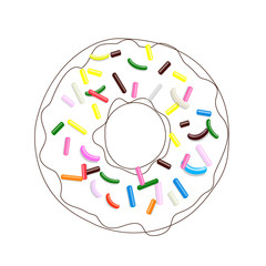 Donut in line art with multi-colored pastry topping isolated on white background