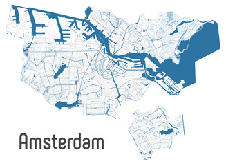 Map of Amsterdam city within administrative borders with roads and rivers on white background