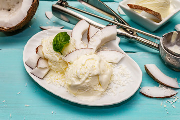 Fototapeta na wymiar Lactose free coconut ice cream. Special spoon, halves of fruit, flakes