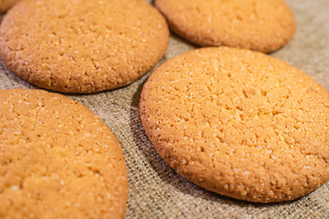 Tasty and fresh oatmeal cookies close-up. Tea breakfast