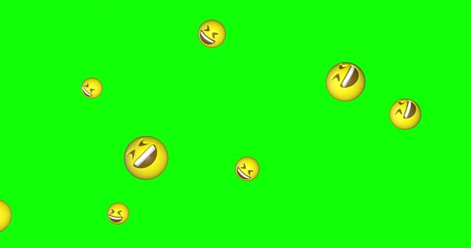Rain of emojis laughing falling on green screen background. Lol emoticons flying in chroma key. Smiley face with laugh. Social media concept. 4k animation