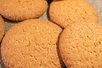 Tasty and fresh oatmeal cookies close-up. Tea breakfast