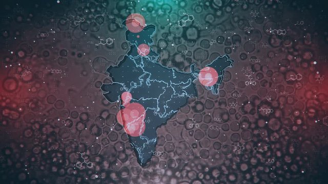 Motion graphics map of India with the localization and spread of the epidemic across the country. Suitable for mapping outbreaks of diseases, epidemics, the spread of crisis situations and emergency.