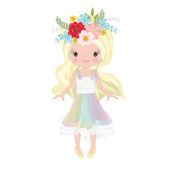 Vector Illustration Beautiful Cute Little Girl. Elegant adorable girl with long hair in a multi-colored dress. unicorn horn