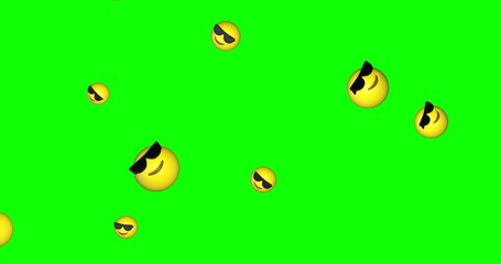 Rain of emojis with sunglasses falling on green screen background. Cool expression emoticons flying in chroma key. Mocking smiley face. Social media concept. 4k animation
