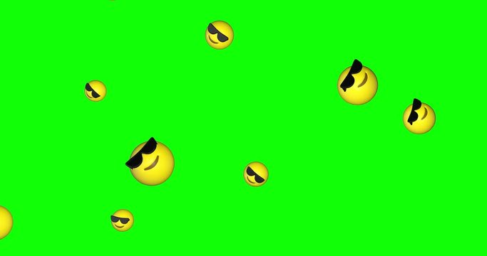 Rain of emojis with sunglasses falling on green screen background. Cool expression emoticons flying in chroma key. Mocking smiley face. Social media concept. 4k animation