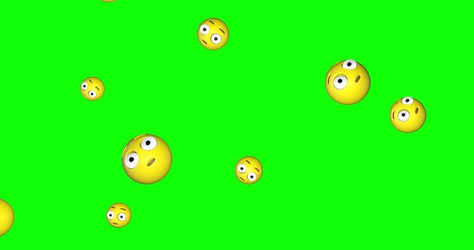 Rain of emojis surprised falling on green screen background. Shocked emoticons flying in chroma key. Reaction with a wow face. Social media concept. 4k animation