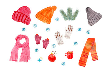 Cozy watercolor set winter knitted clothes, accessories, cup of coffee, branch christmas tree, snoflakes. Elements design isolated on white background.