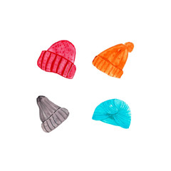 Watercolor cute set of winter warm hat. Knitting accessories.Colorful elements design for different type design isolated on the white background