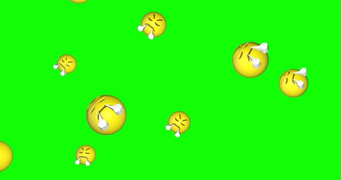 Rain of emojis huffing falling on green screen background.  Anger emoticons flying in chroma key. Angry face with steam coming out of the nose. Triumph expresion too.Social media concept. 4k animation