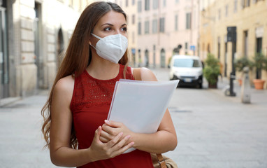 COVID-19 Global Economic Crisis Unemployed Worried Girl with KN95 FFP2 Mask  Looking for Job...