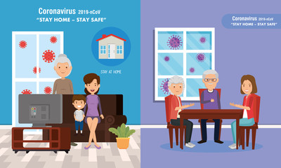 set scenes of stay at home campaign with families vector illustration design