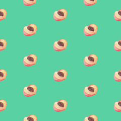 Watercolor seamless pattern with peach, isolated on green blue background. Design for textile, fabric, card, wrapping, wallpaper, scrapbooking, poster, banner.