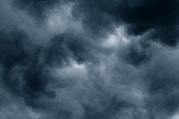 Stormy rain big fluffy clouds. Dark sky. Natural scenic abstract background. Weather changes backdrop. Sky filled with voluminous clouds.