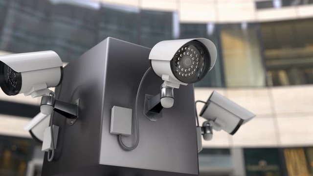 CCTV security system at the entrance to business center. The surveillance cameras monitoring all entrances to the building and performs function of electronic access system by face id, 3d animation.