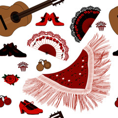 Flamenco seamless pattern with fans,  castanets, combs, guitars, shawls, roses and shoes. - obrazy, fototapety, plakaty