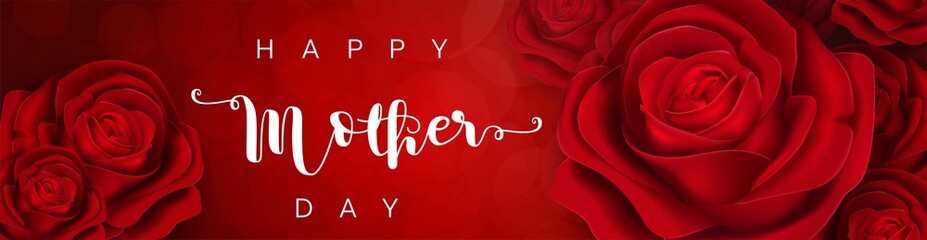 card or banner for "happy mothers day" in white with red roses on each side on a red background