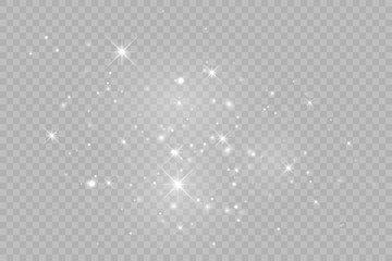Dust white. White sparks and golden stars shine with special light. Vector sparkles on a transparent background. - obrazy, fototapety, plakaty