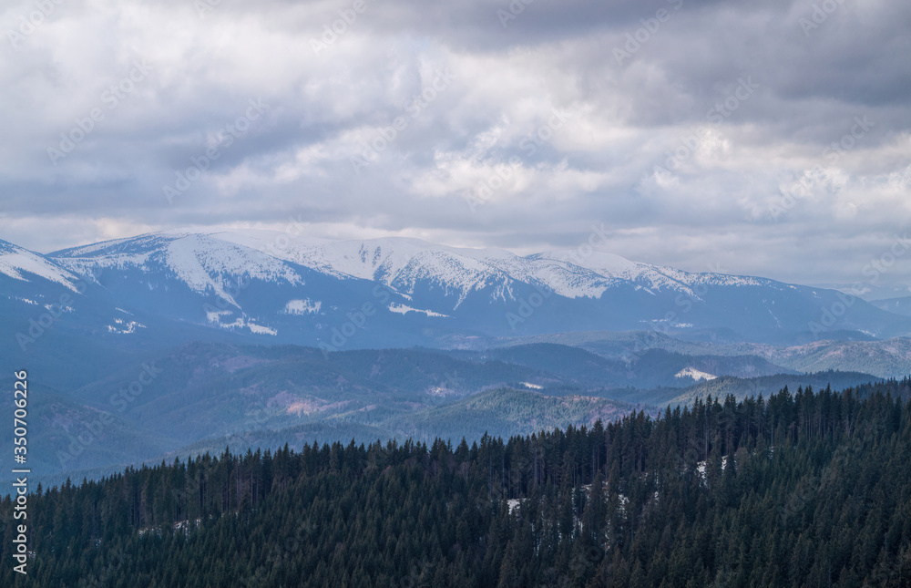 Wall mural Winter cloudy landscape of the Carpathian Mountains in Eastern Europe