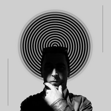 Thinking man before spiral. Contemporary art collage. Digital collage